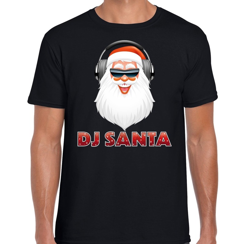 Fout Kerst shirt DJ Santa met koptelefoon zwart heren