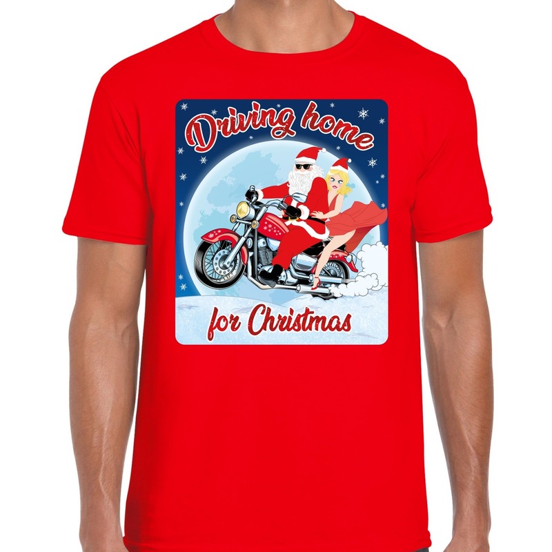Fout kerst shirt voor motorliefhebbers driving home rood heren