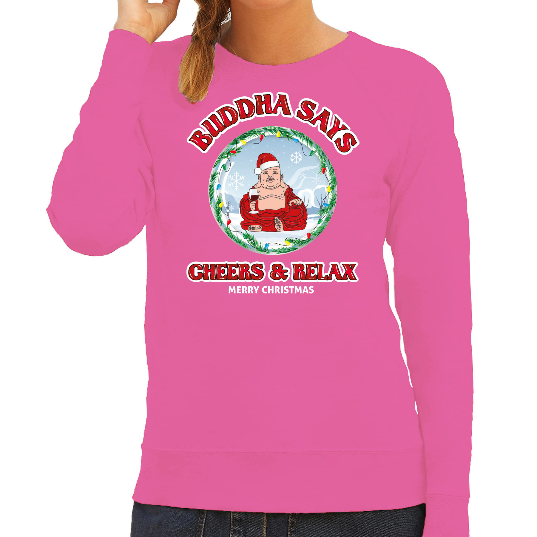 Foute Kersttrui-sweater voor dames buddha says cheers & relax roze proost wijn