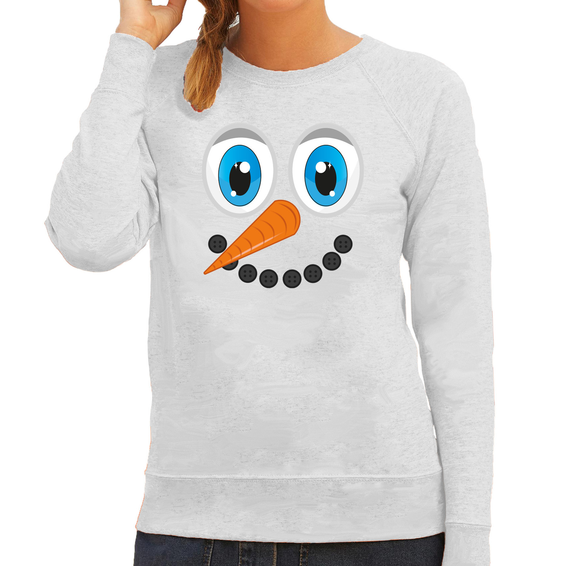 Foute Kersttrui-sweater voor dames Sneeuwpop gezicht lichtgrijs
