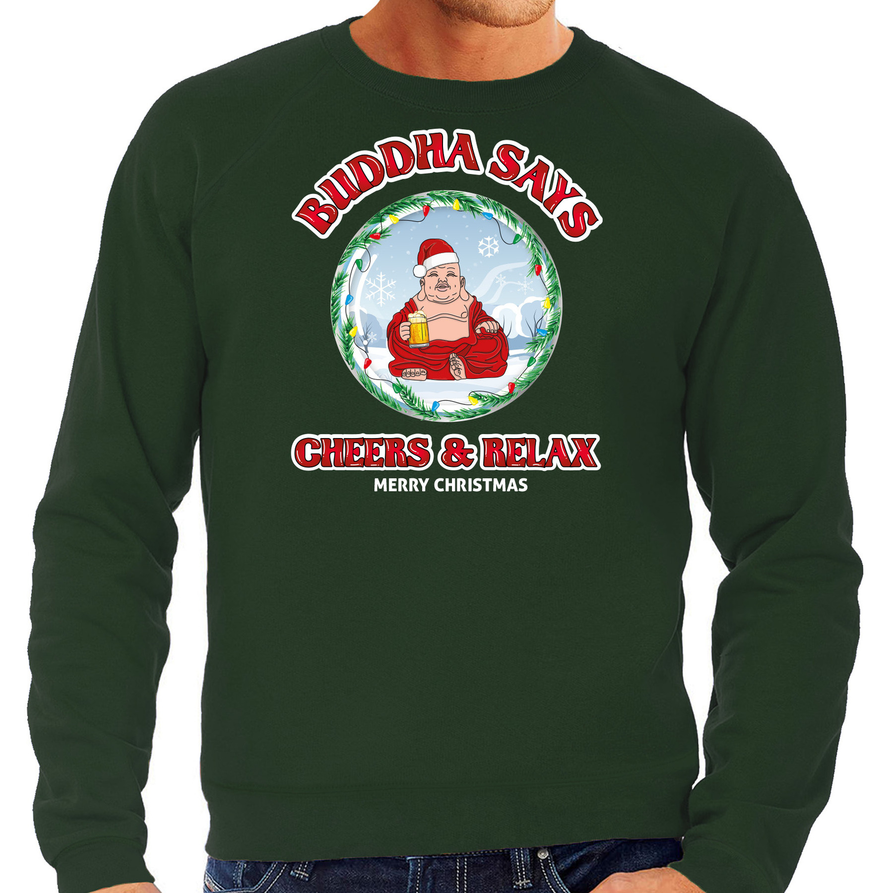 Foute Kersttrui-sweater voor heren buddha says cheers & relax groen proost bier