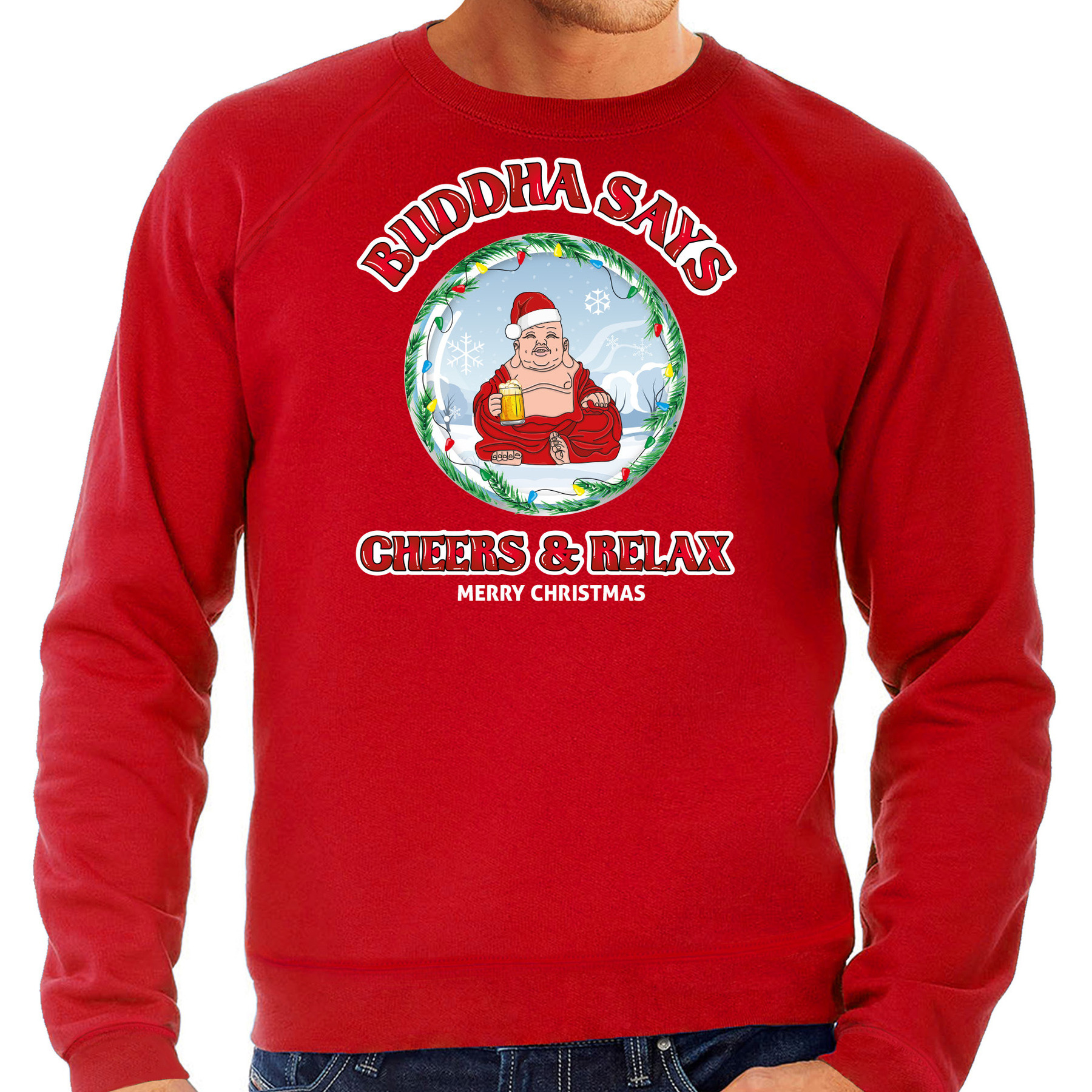 Foute Kersttrui-sweater voor heren buddha says cheers & relax rood proost bier