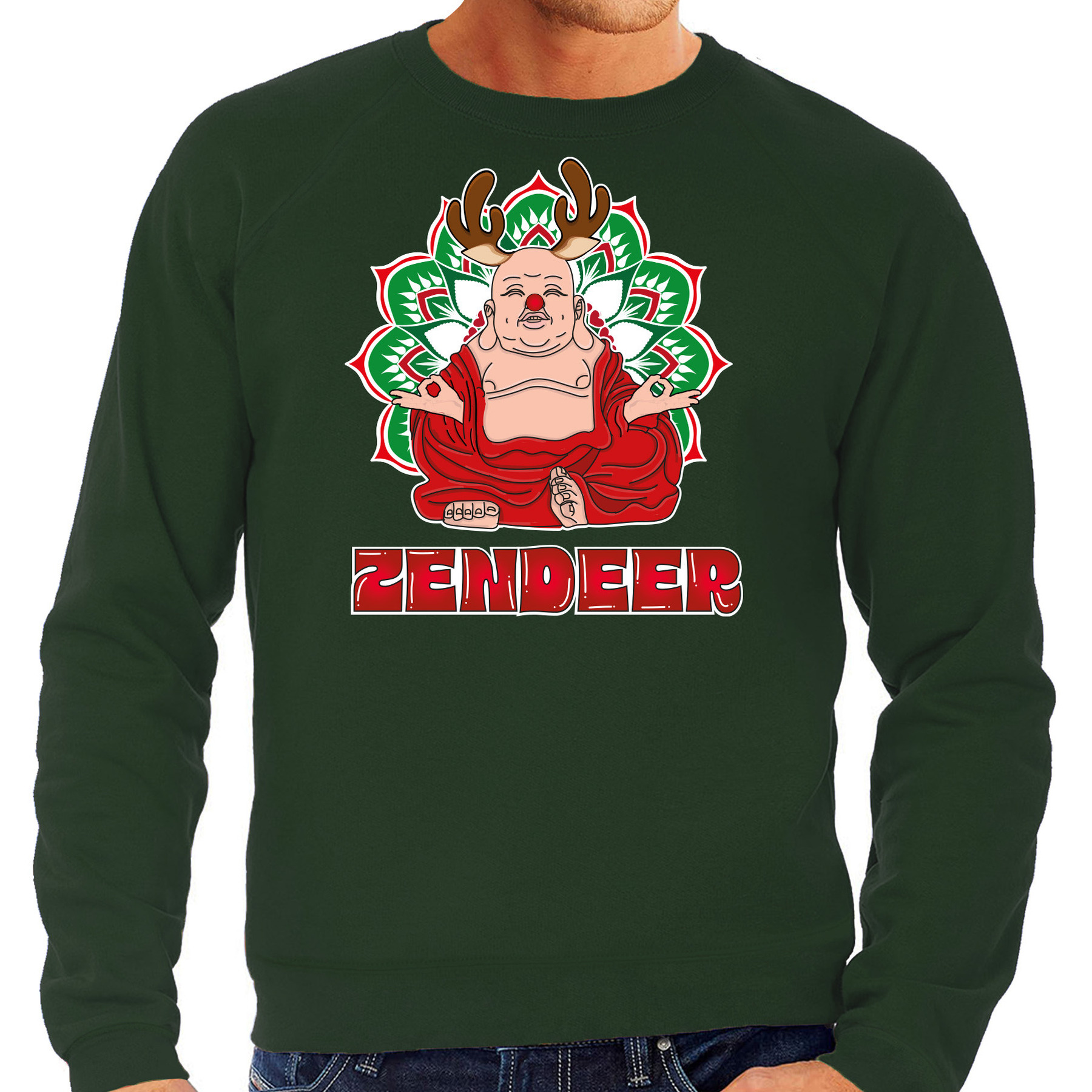Foute Kersttrui-sweater voor heren zendeer buddha groen rendier boeddha zen