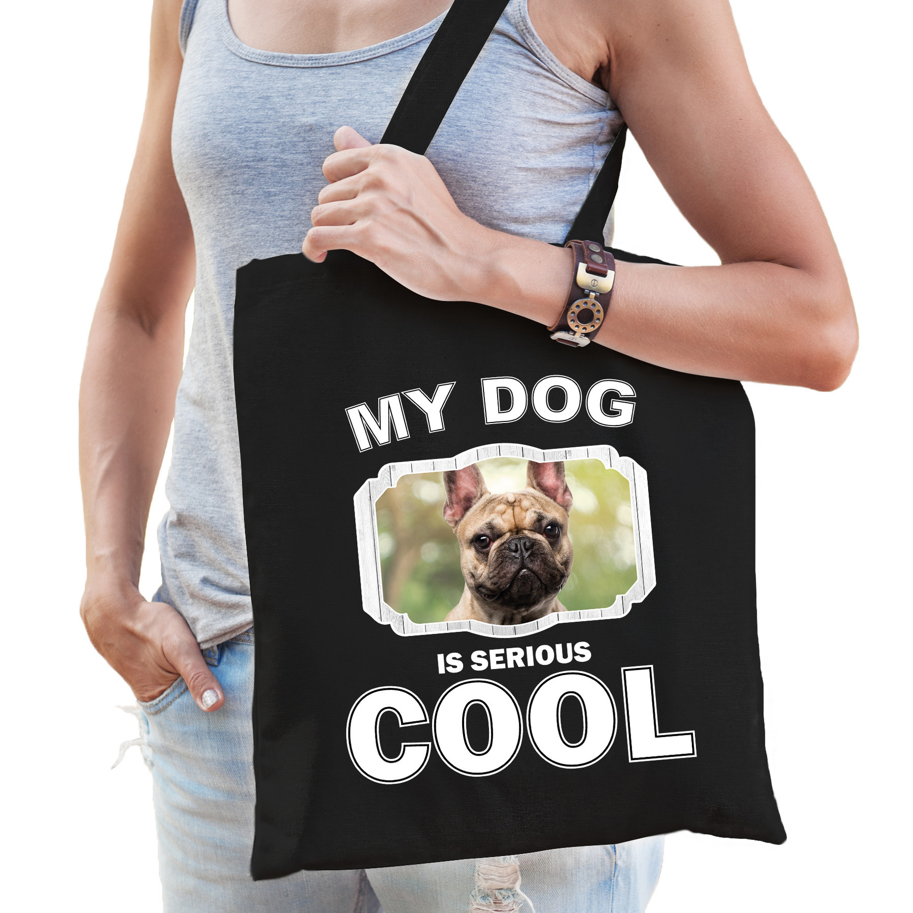 Franse bulldog honden tasje zwart volwassenen en kinderen my dog serious is cool kado boodschappen