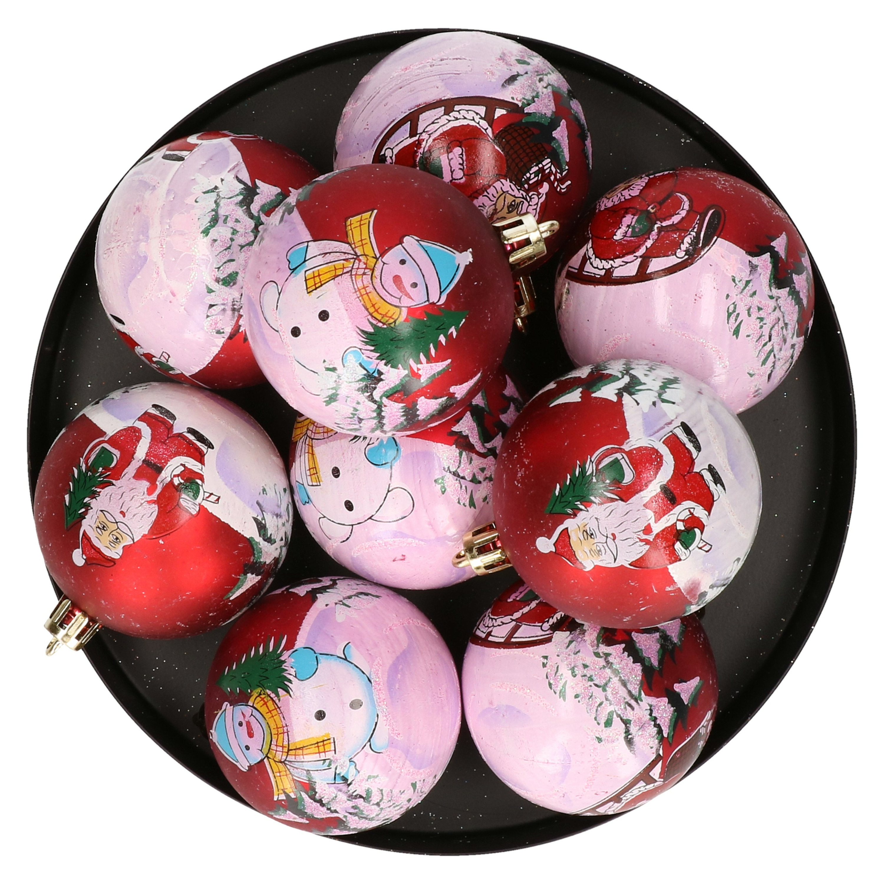 Gedecoreerde kerstballen 9x st rood met kerst print 6 cm kunststof