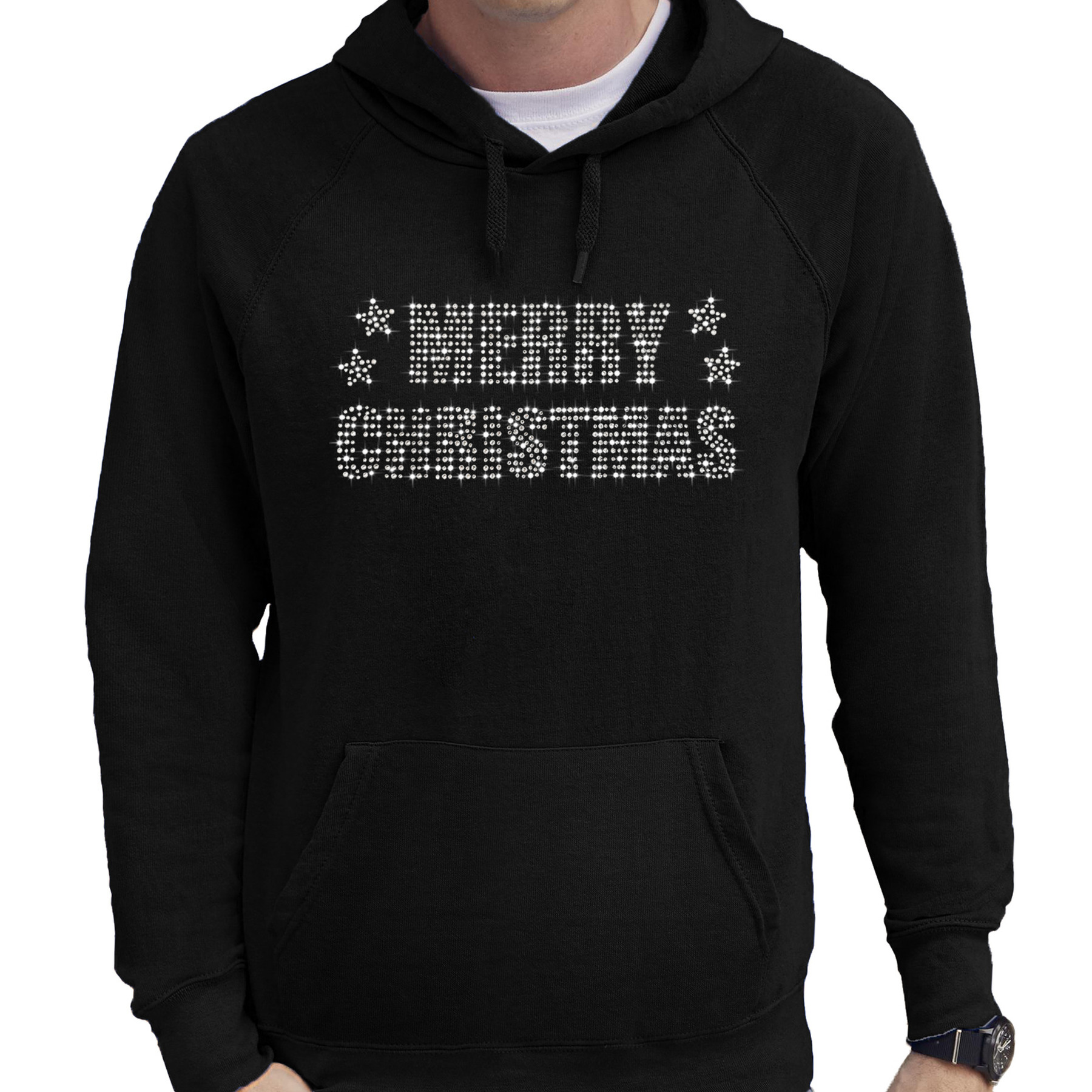 Glitter foute kersttrui hoodie zwart Merry Christmas glitter steentjes voor heren Capuchon trui