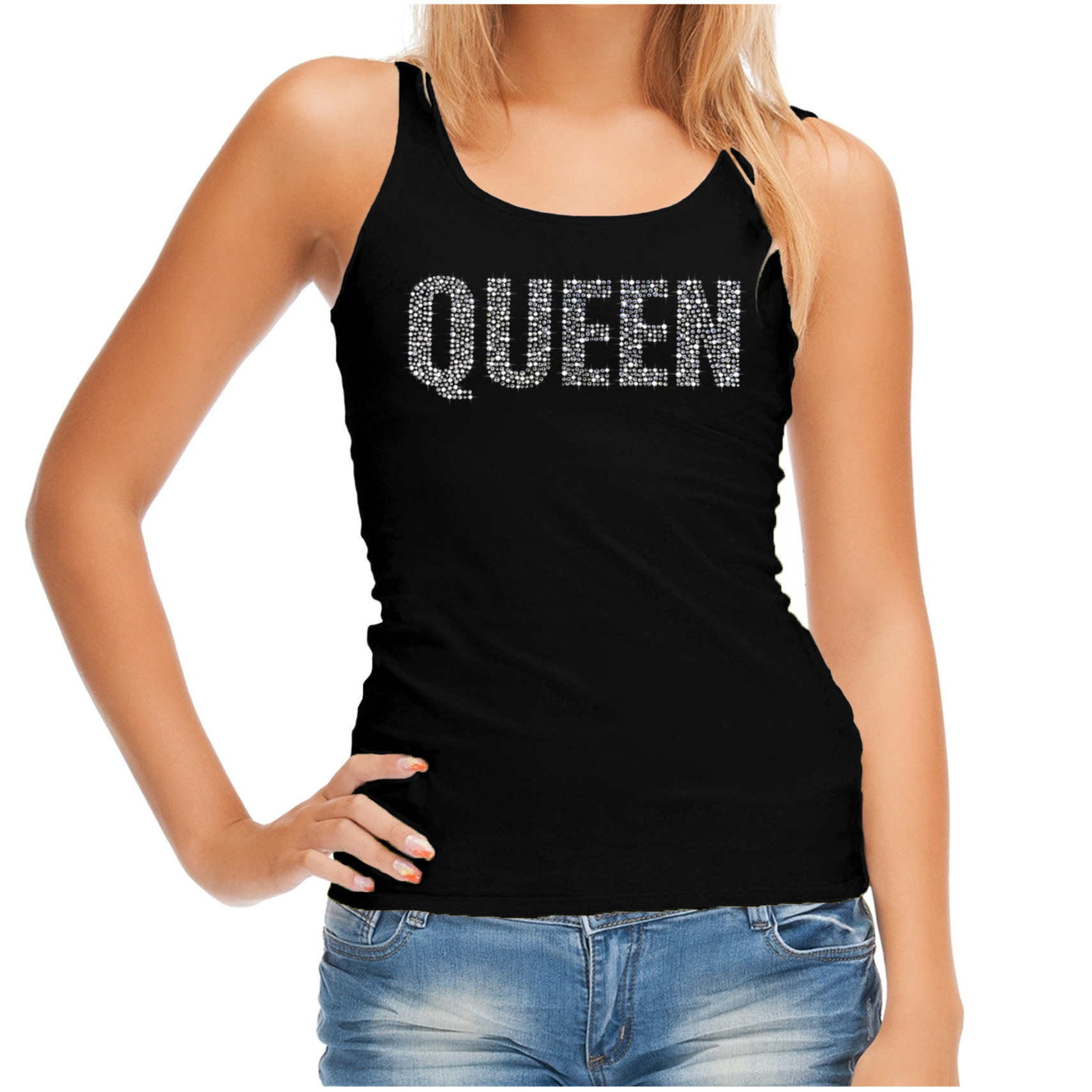 Glitter Queen tanktop zwart rhinestones steentjes voor dames Glitter top- outfit