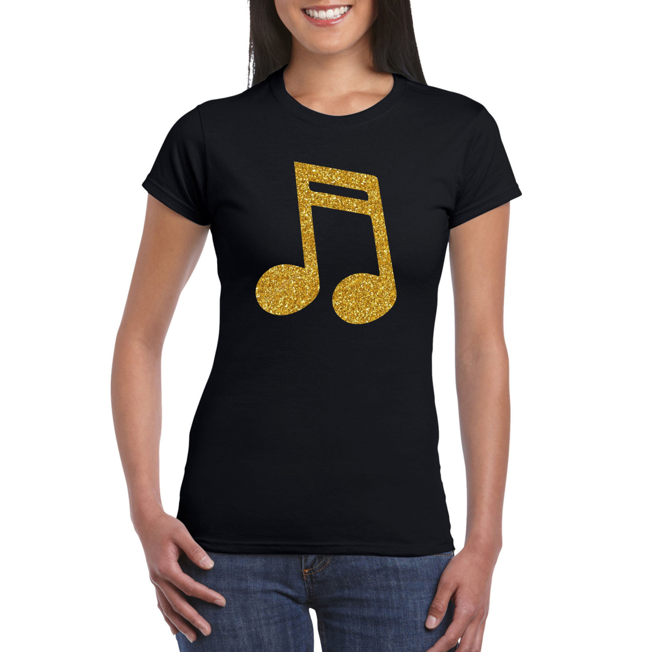 Gouden muziek noot-muziek feest t-shirt-kleding zwart dames