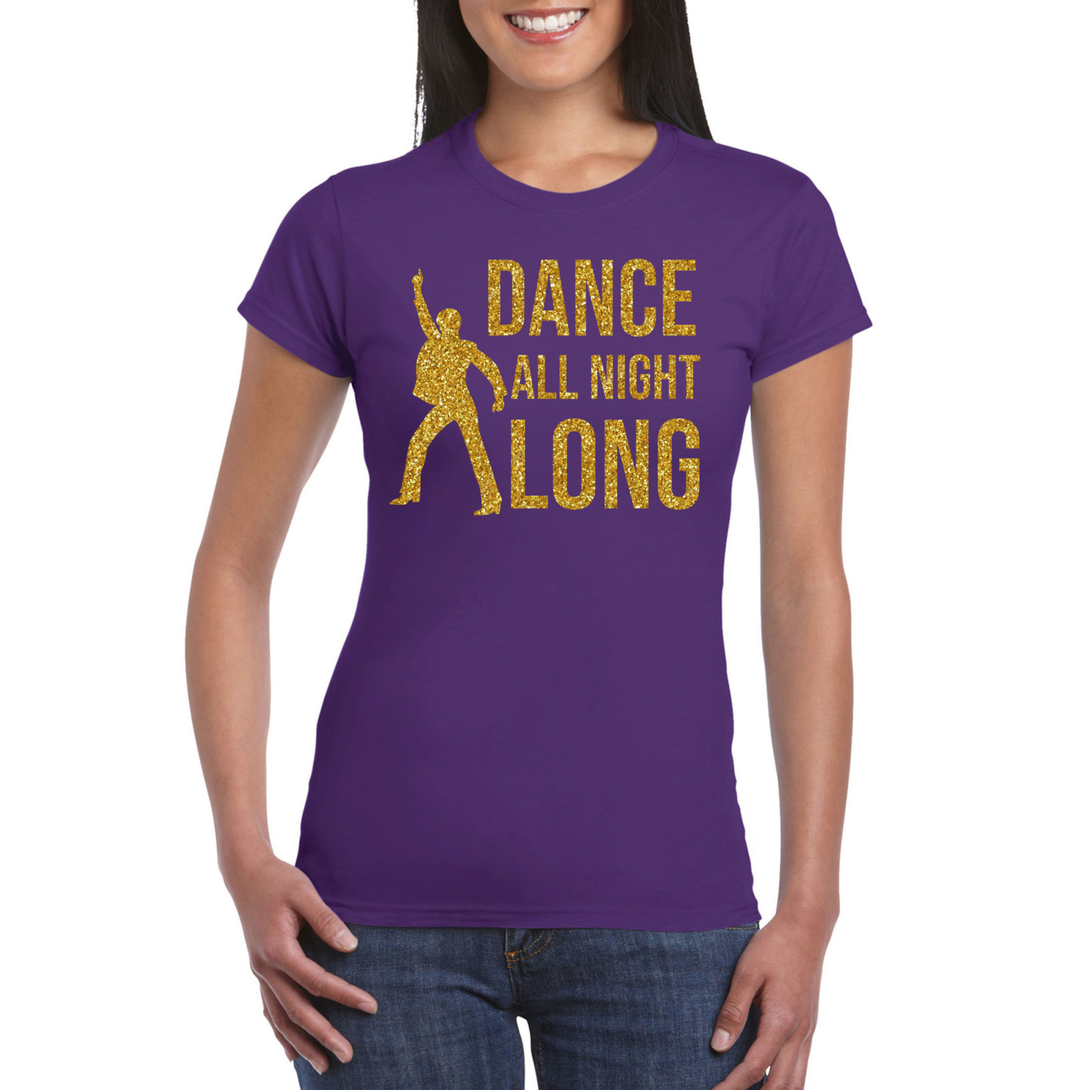 Gouden muziek t-shirt-shirt Dance all night long paars dames