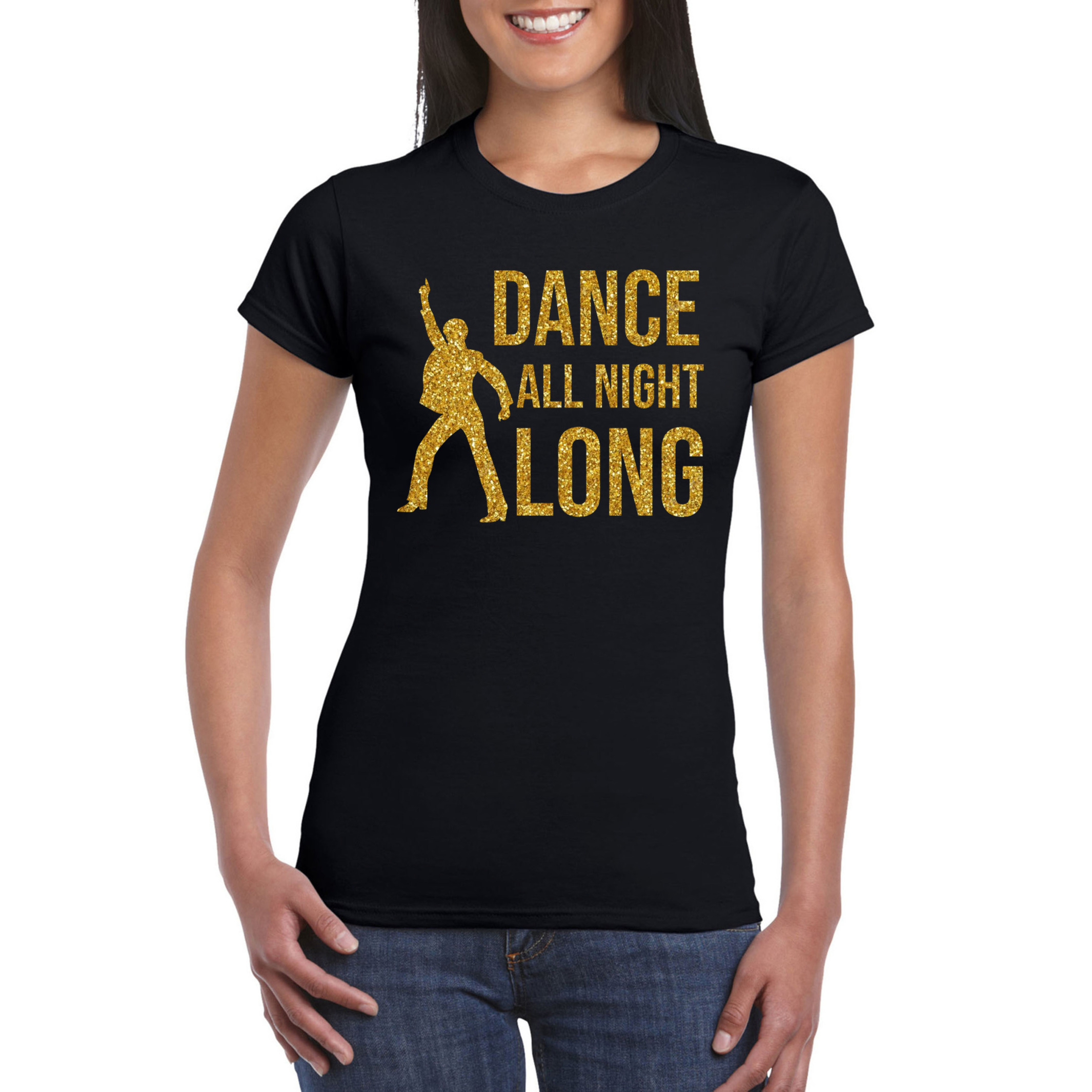 Gouden muziek t-shirt-shirt Dance all night long zwart dames