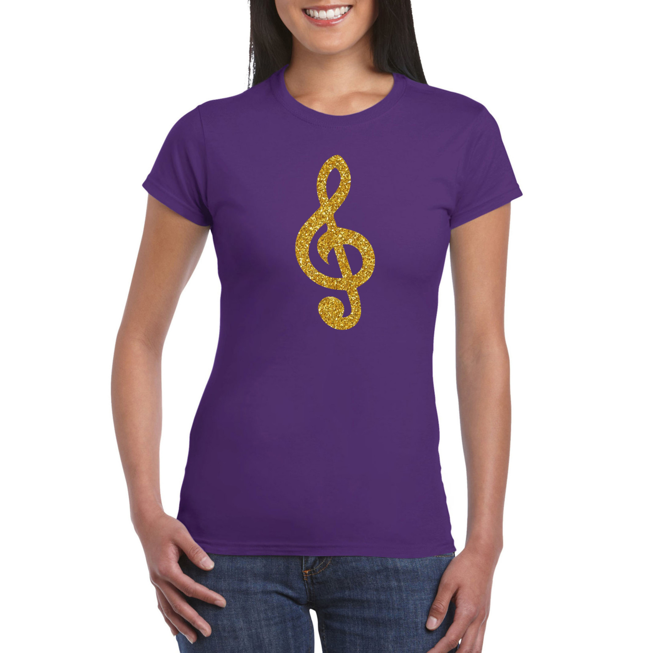 Gouden muzieknoot G-sleutel-muziek feest t-shirt-kleding paars dames