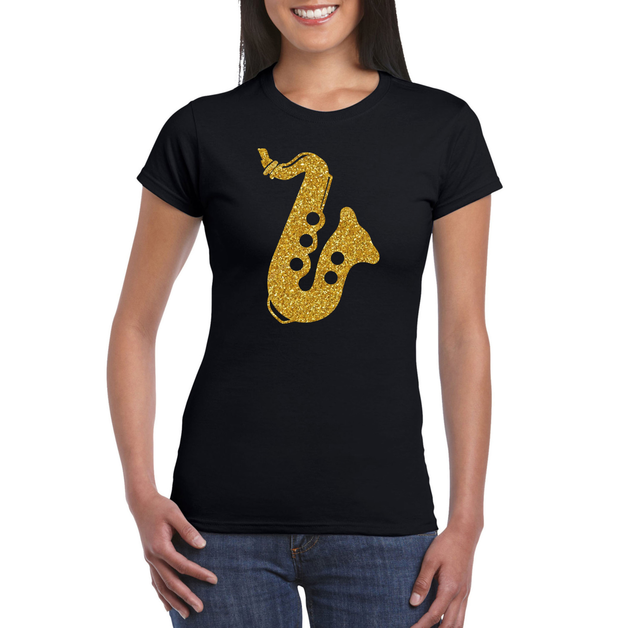 Gouden saxofoon-muziek t-shirt-kleding zwart dames