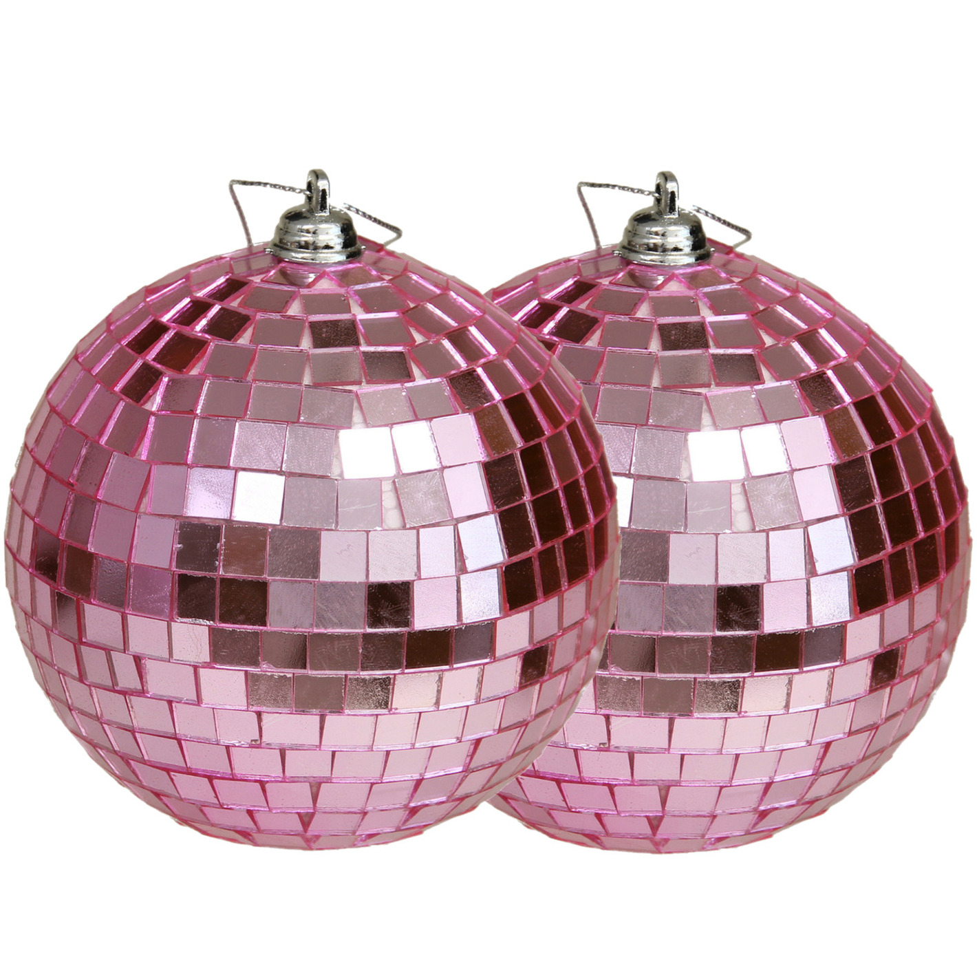 Grote discobal kerstballen 2x stuks roze 10 cm kunststof