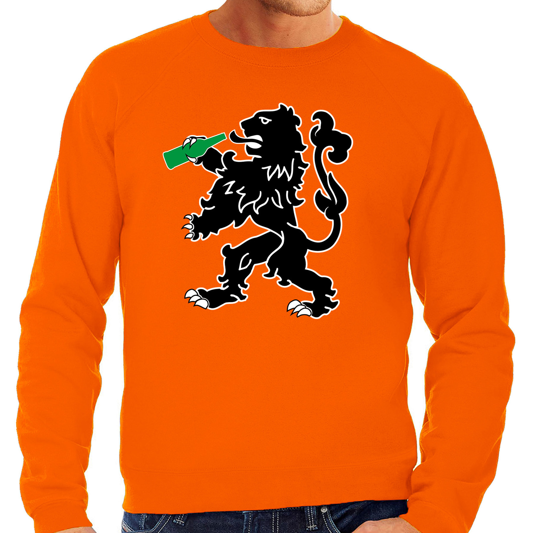 Grote maten Drinkende leeuw sweater oranje voor heren Koningsdag truien