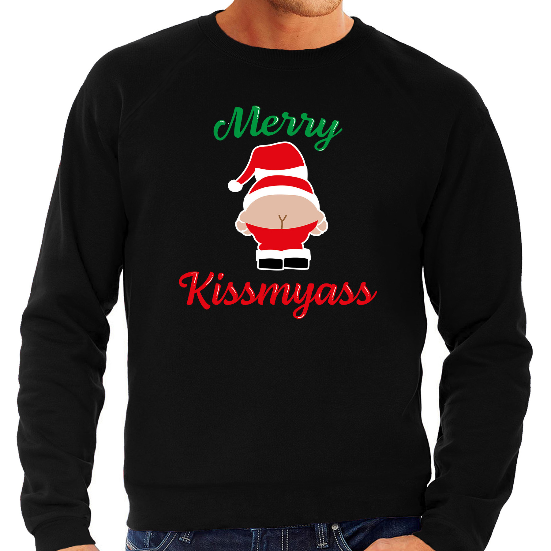 Grote maten merry kiss my ass foute Kerst sweater-trui zwart voor heren