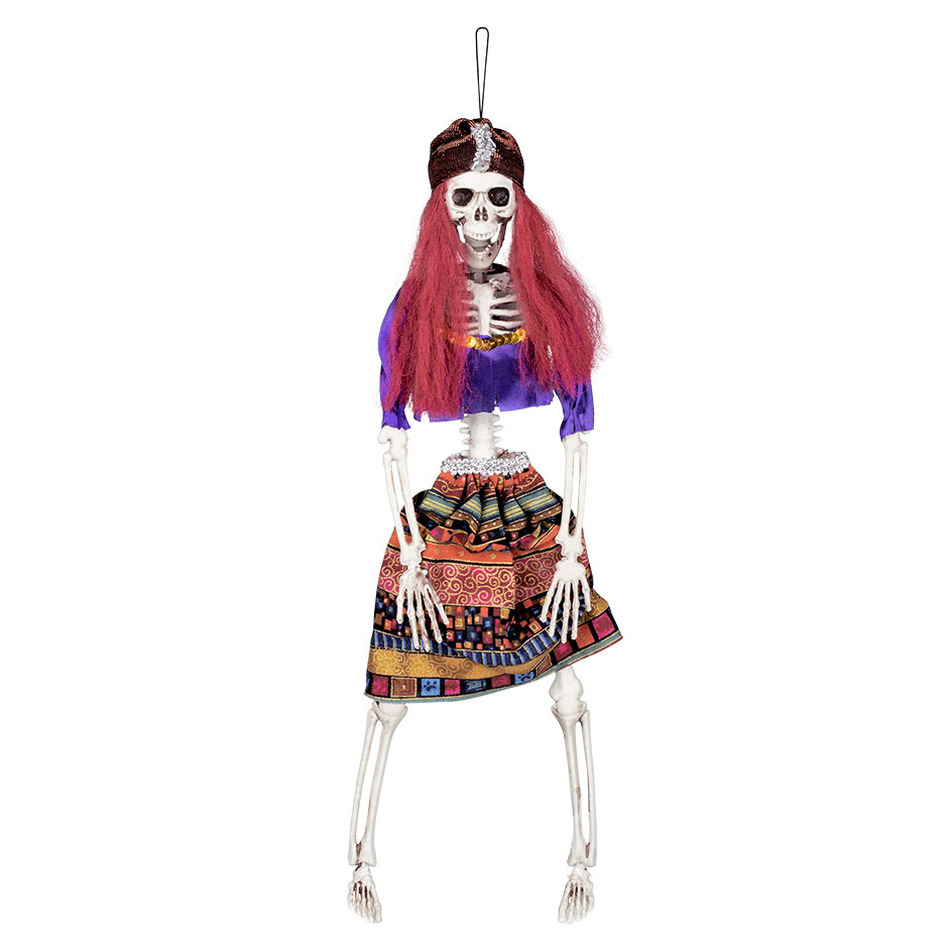 Hangende horror decoratie skelet 40 cm meisjes piraat-gipsy
