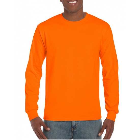 Heren t-shirt lange mouw fluor oranje