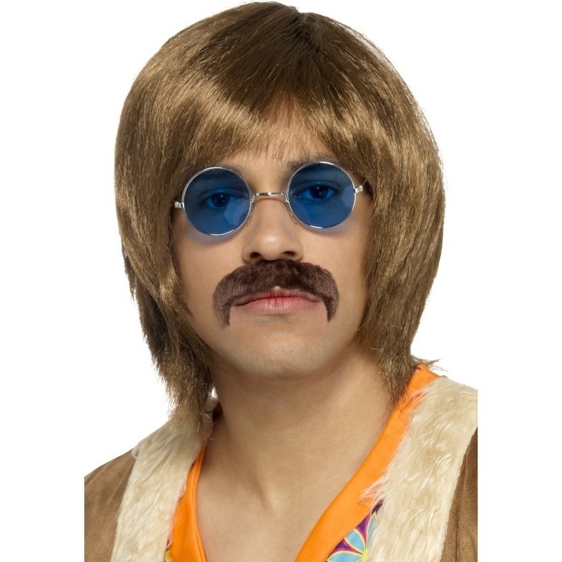 Hippie verkleed pruik, snor en bril setje voor heren