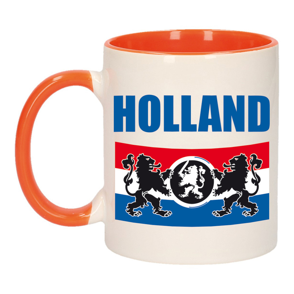 Holland met vlag en leeuw mok- beker oranje wit 300 ml