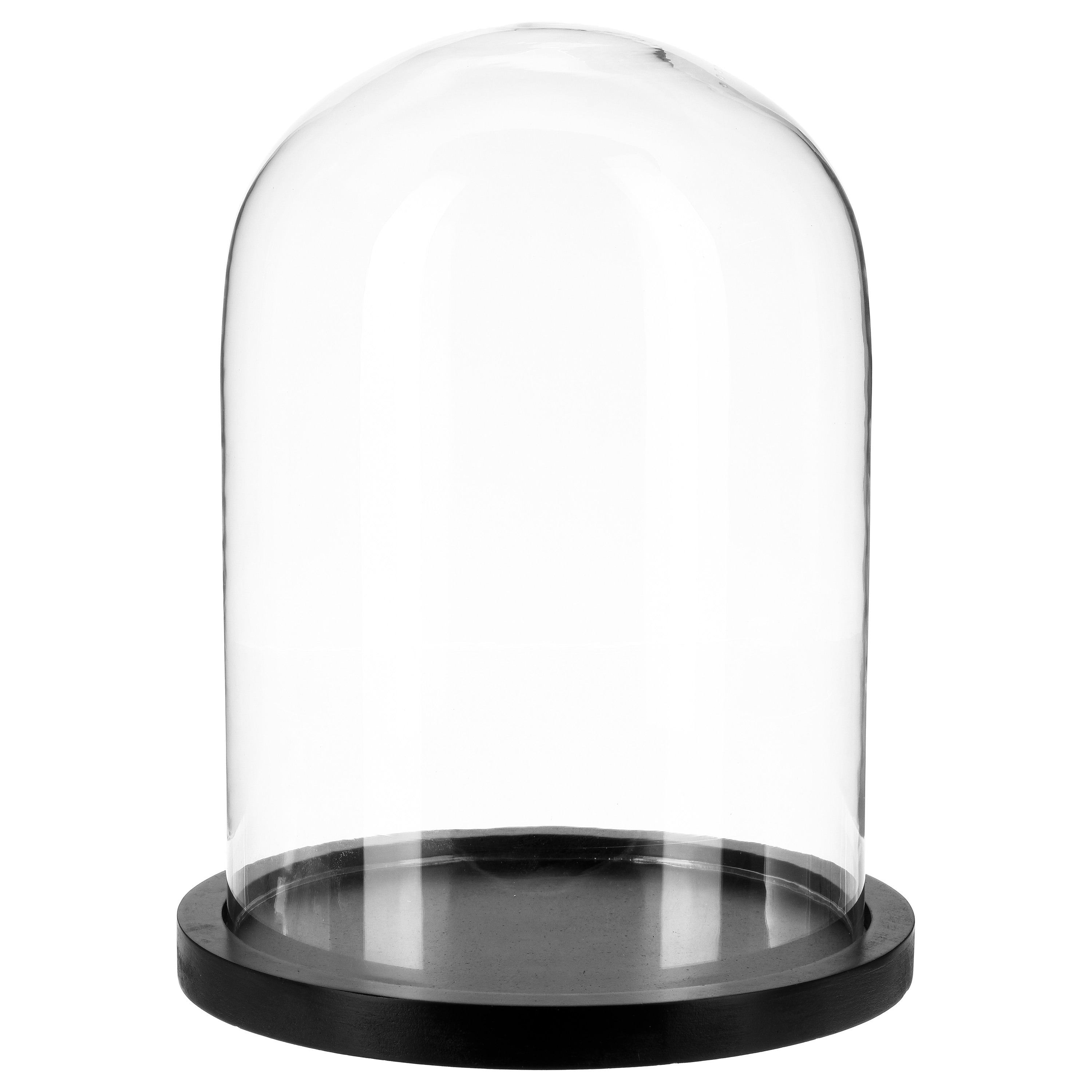 Home decoratie glazen stolp op houten plateau glas-zwart D23 x H29 cm