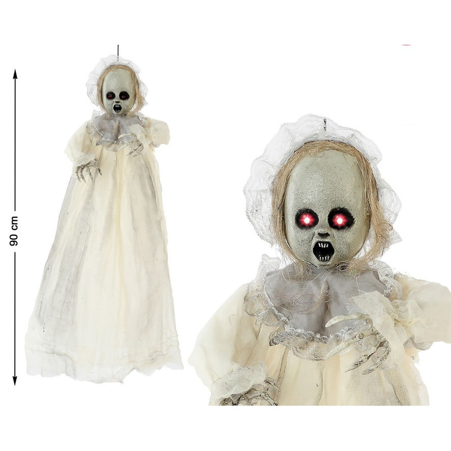 Horror hangdecoratie spook-geest pop wit met lichtgevende ogen 90 cm