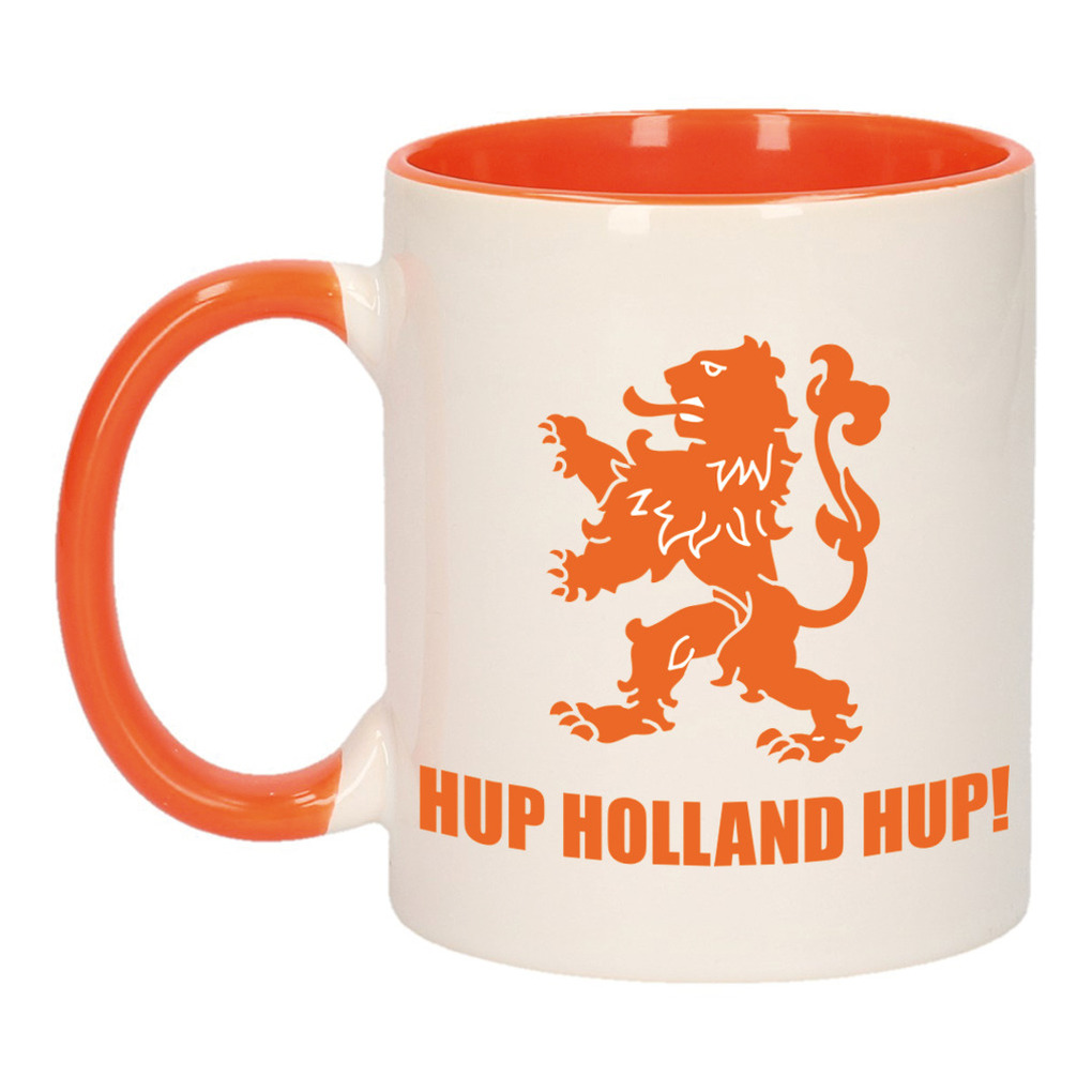 Hup Holland hup met leeuw mok- beker oranje wit 300 ml