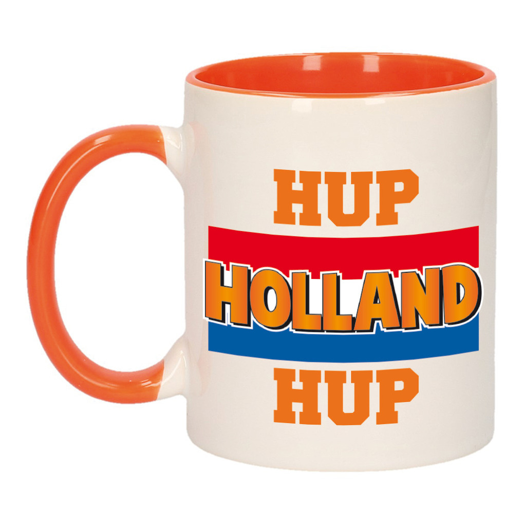 Hup Holland hup met vlag mok- beker oranje wit 300 ml
