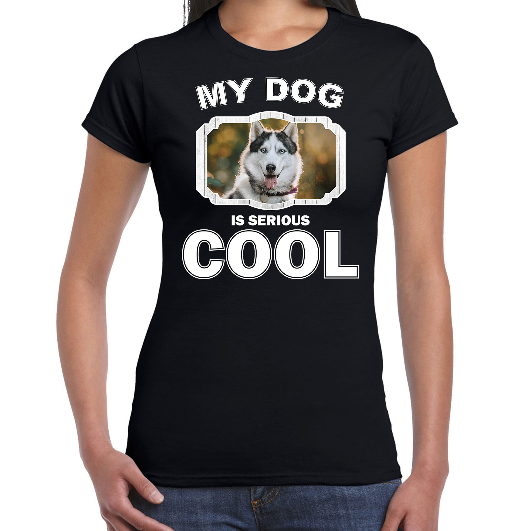 Husky honden t-shirt my dog is serious cool zwart voor dames