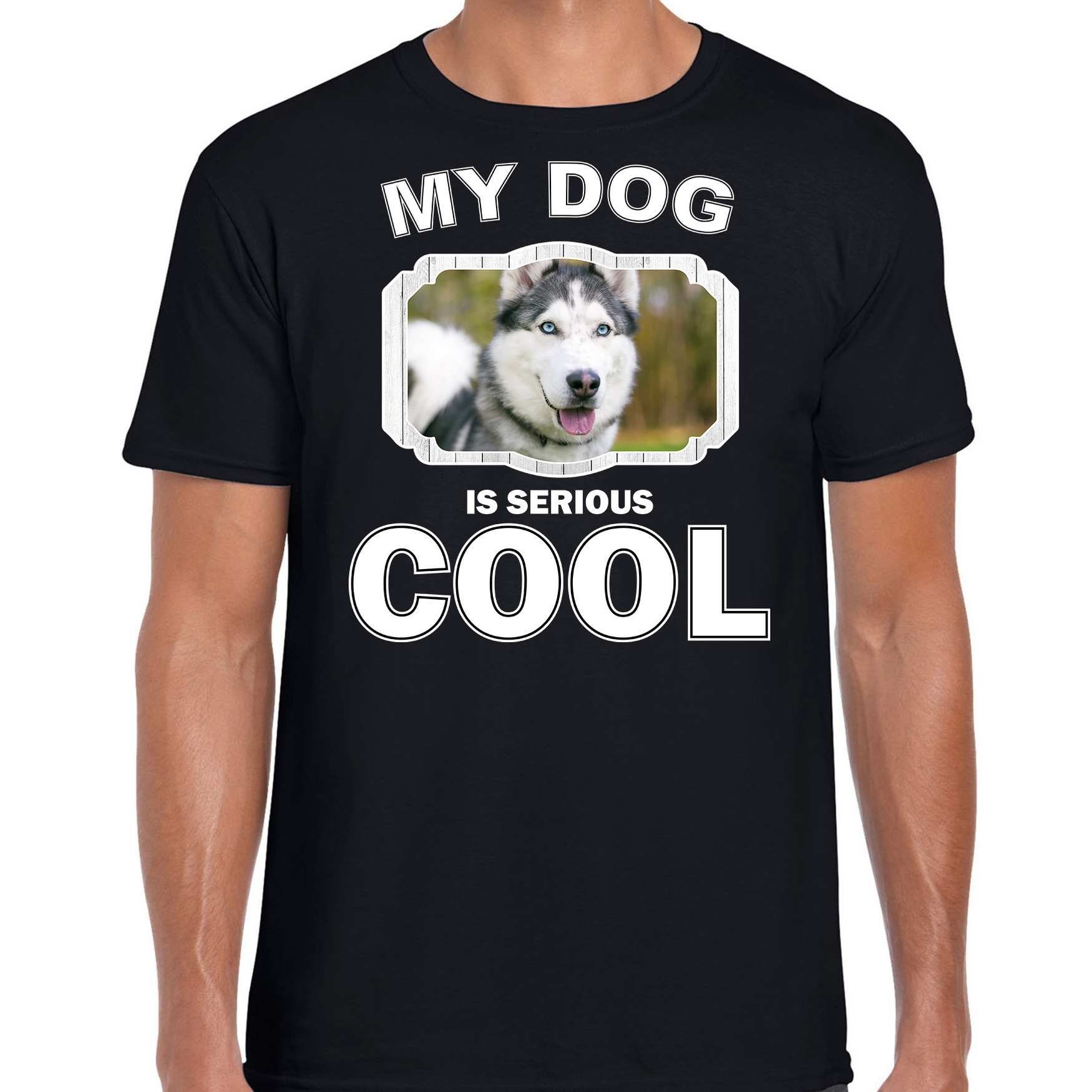 Husky honden t-shirt my dog is serious cool zwart voor heren