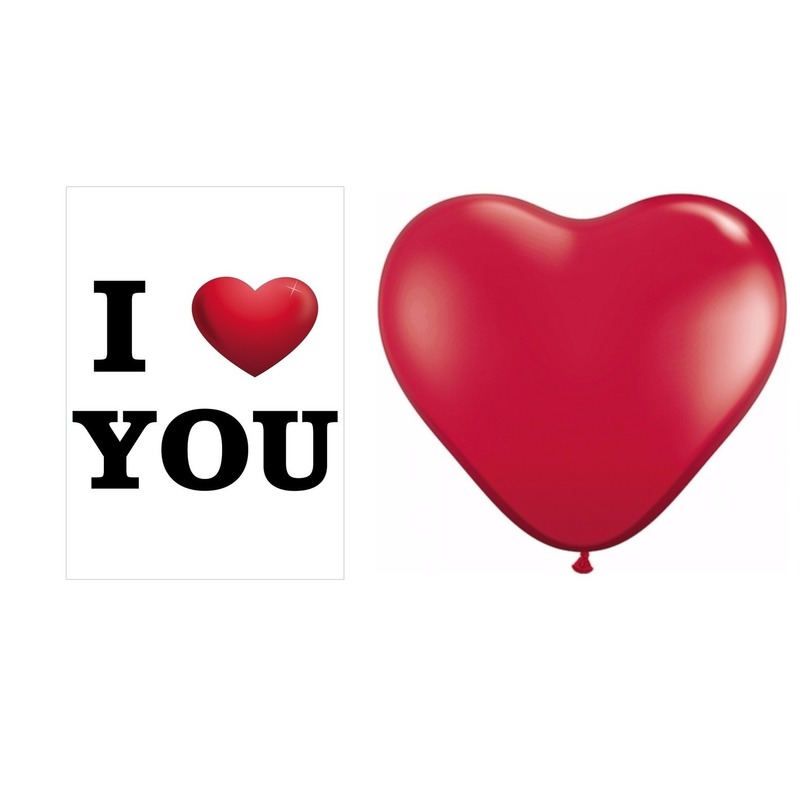 I Love You mega deurposter met 25 stuks hartjes ballonnen rood