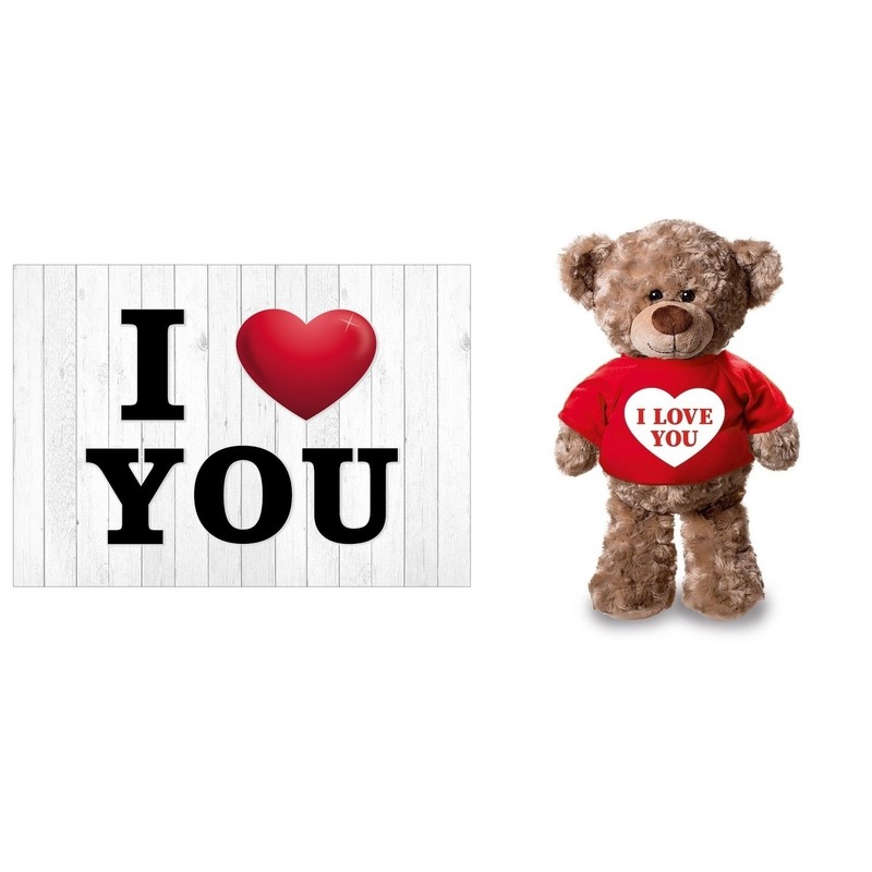 I Love You Valentijnskaart met knuffelbeer in rood shirtje 24 cm