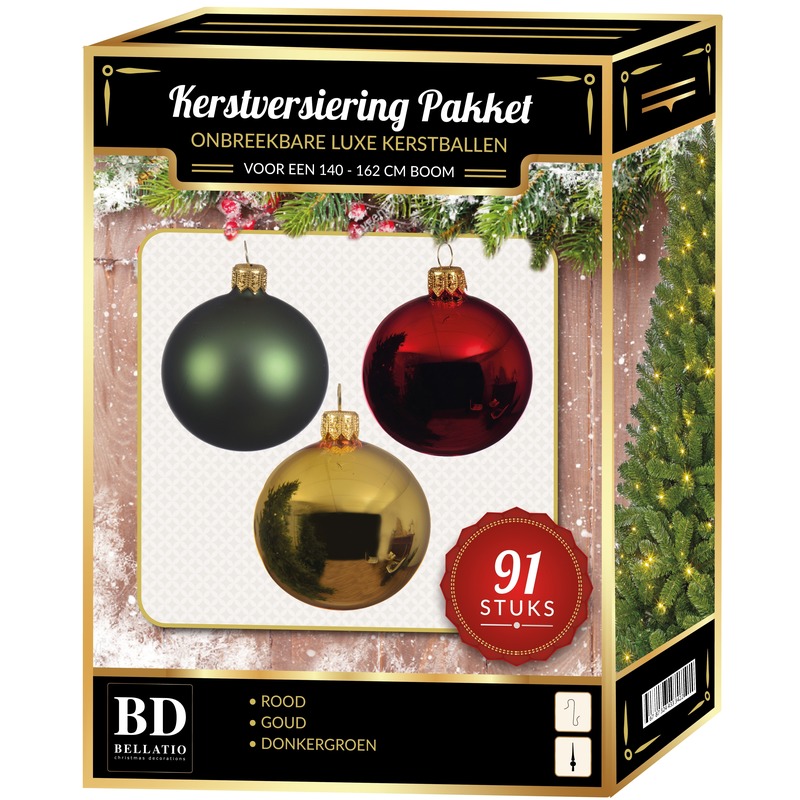 Kerstbal en piek set 91x goud-donkergroen-rood voor 150 cm boom