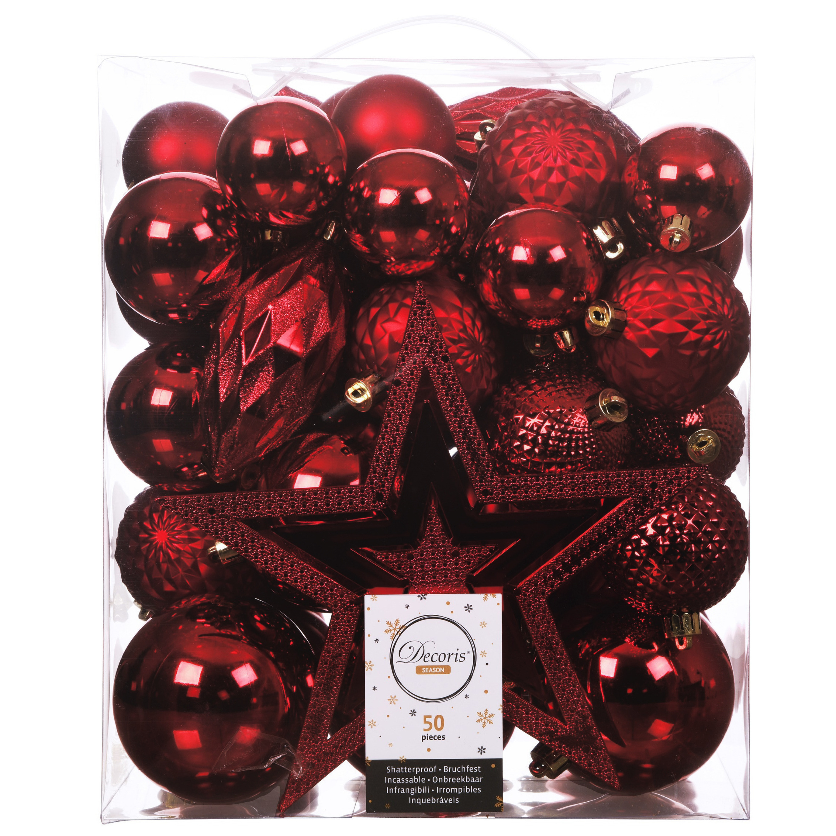 Kerstballen 49x st incl. ster piek rood kunststof 5, 6, 8 en 10 cm