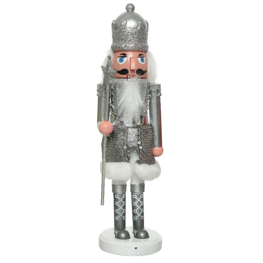 Kerstbeeldje kunststof notenkraker poppetje-soldaat zilver 28 cm kerstbeeldjes