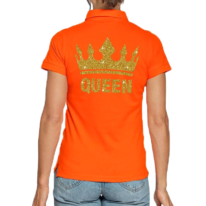 Koningsdag poloshirt Queen goud glitter oranje voor dames