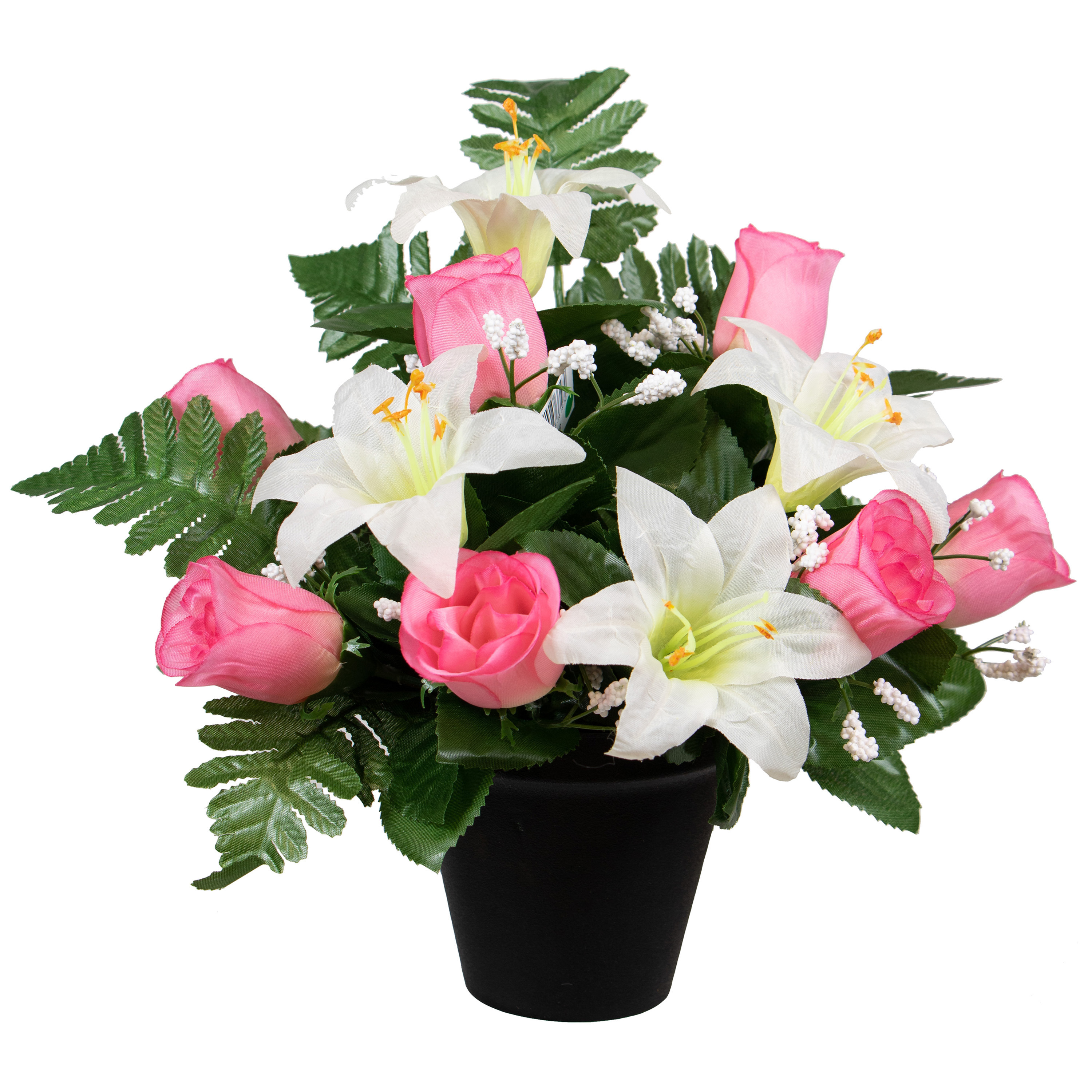 Kunstbloemen boeket lelie-roos in pot wit-roze H30 cm Bloemstuk Bladgroen