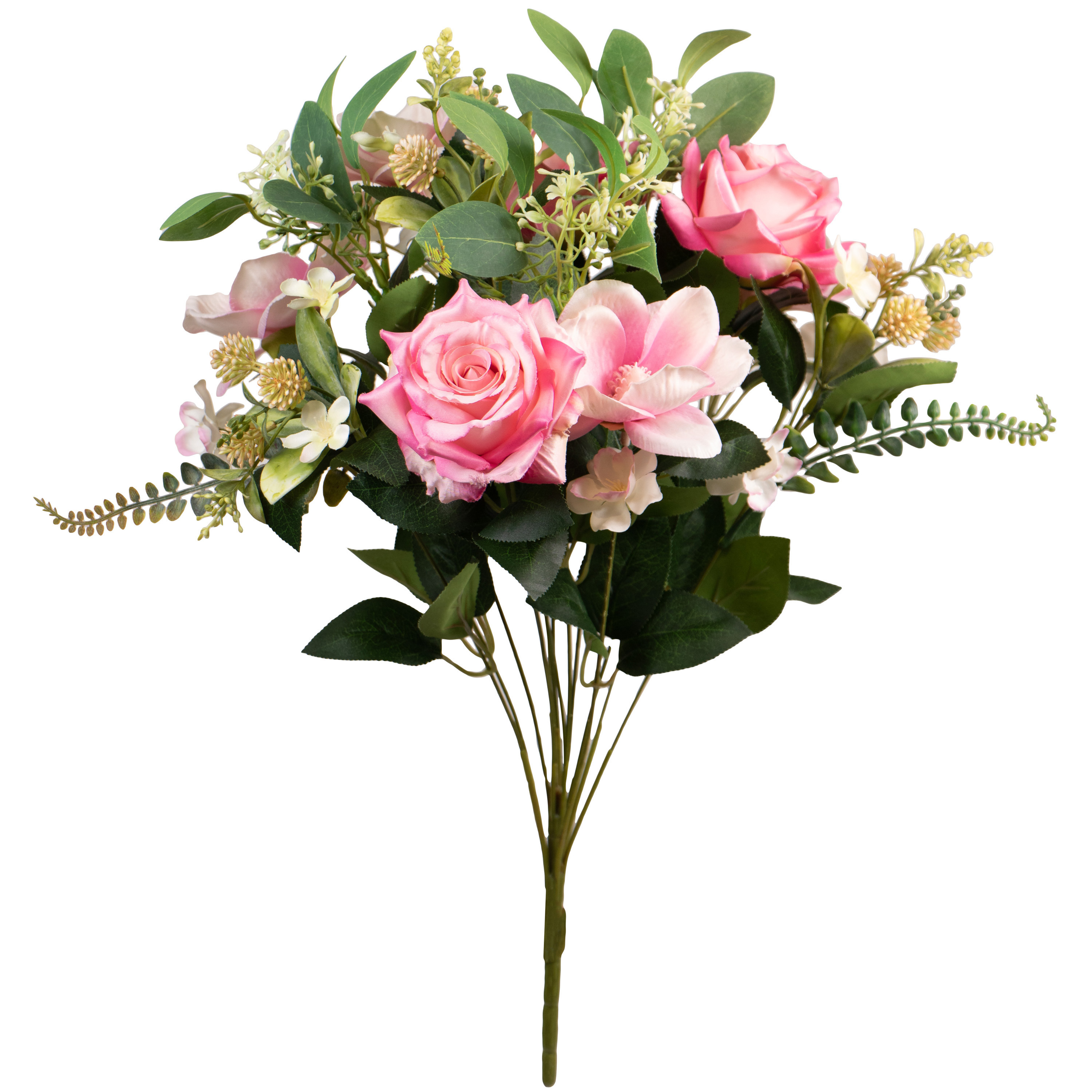 Kunstbloemen boeket rozen-magnolia met bladgroen roze H50 cm Bloemstuk