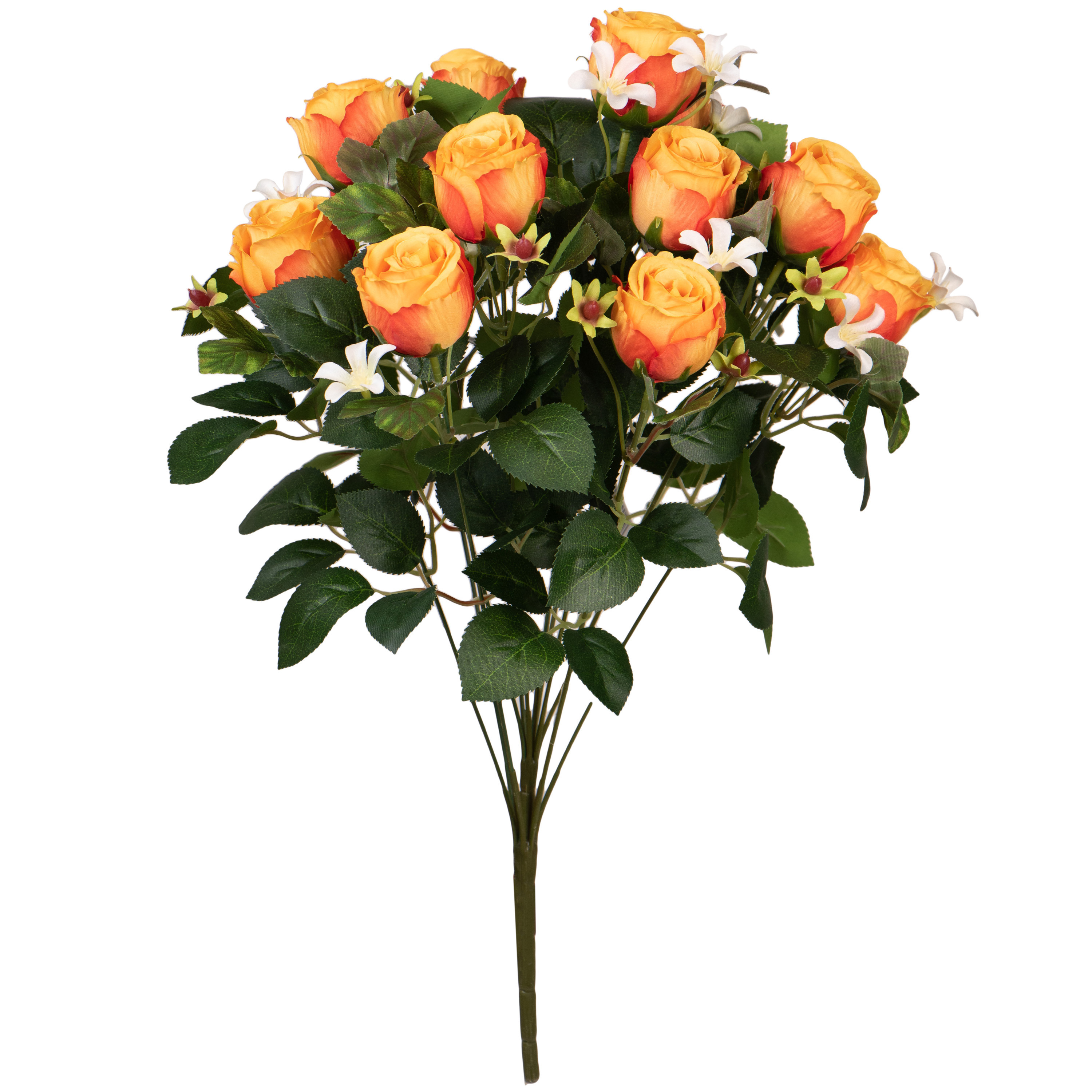 Kunstbloemen boeket rozen met bladgroen oranje H49 cm Bloemstuk