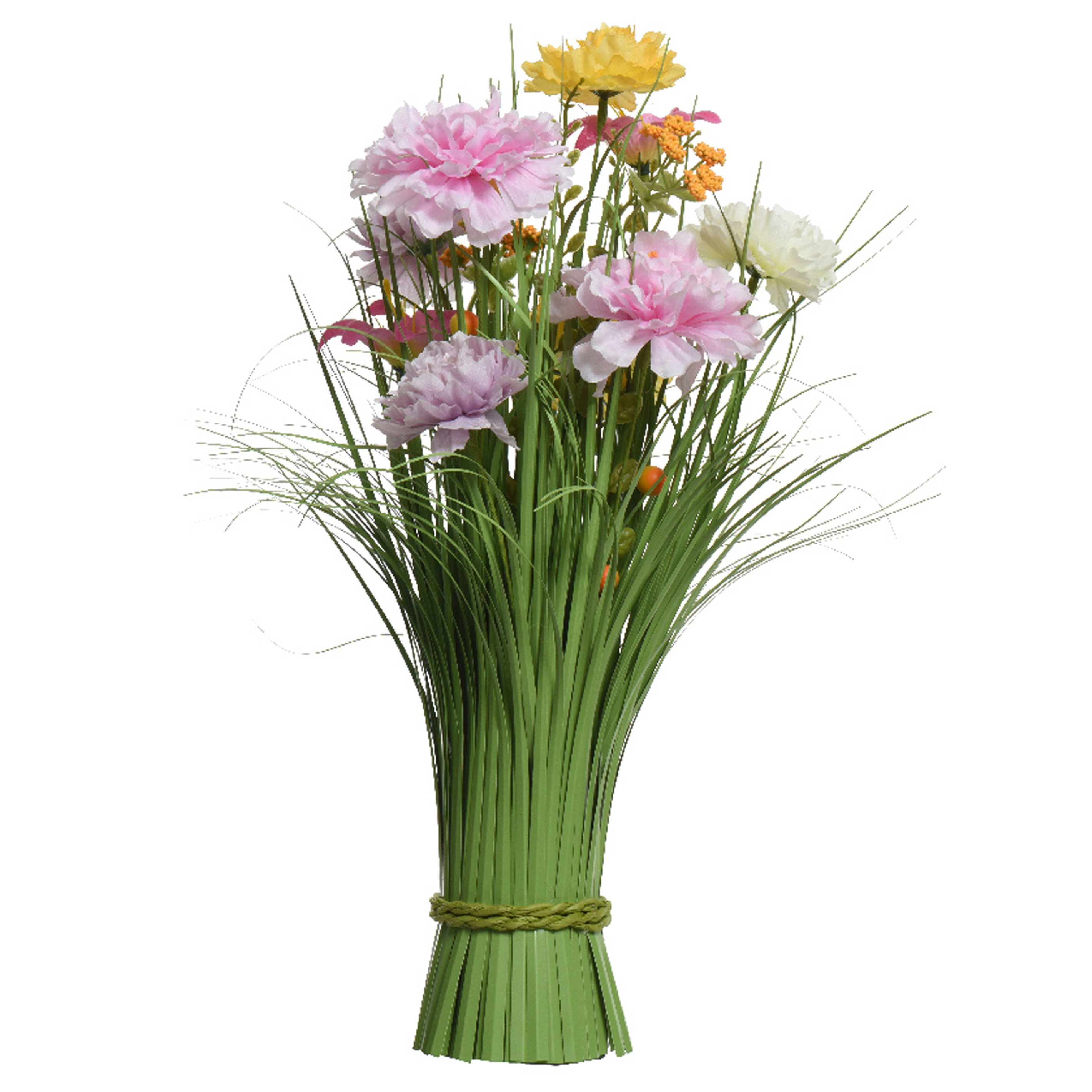 Kunstgras boeket bloemen anjers lila paars geel H40 cm lente boeket
