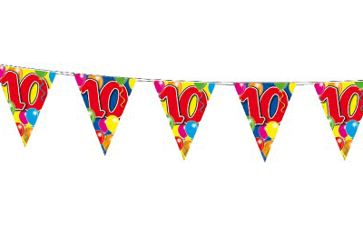 Verjaardag 10 jaar feest thema set 50x ballonnen en 2x leeftijd print vlaggenlijnen