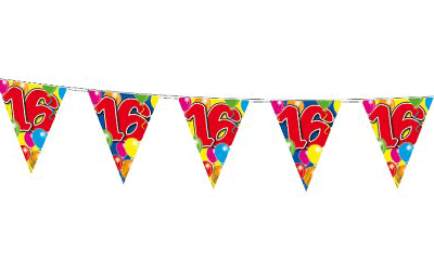 Verjaardag 16 jaar feest thema set 50x ballonnen en 2x leeftijd print vlaggenlijnen