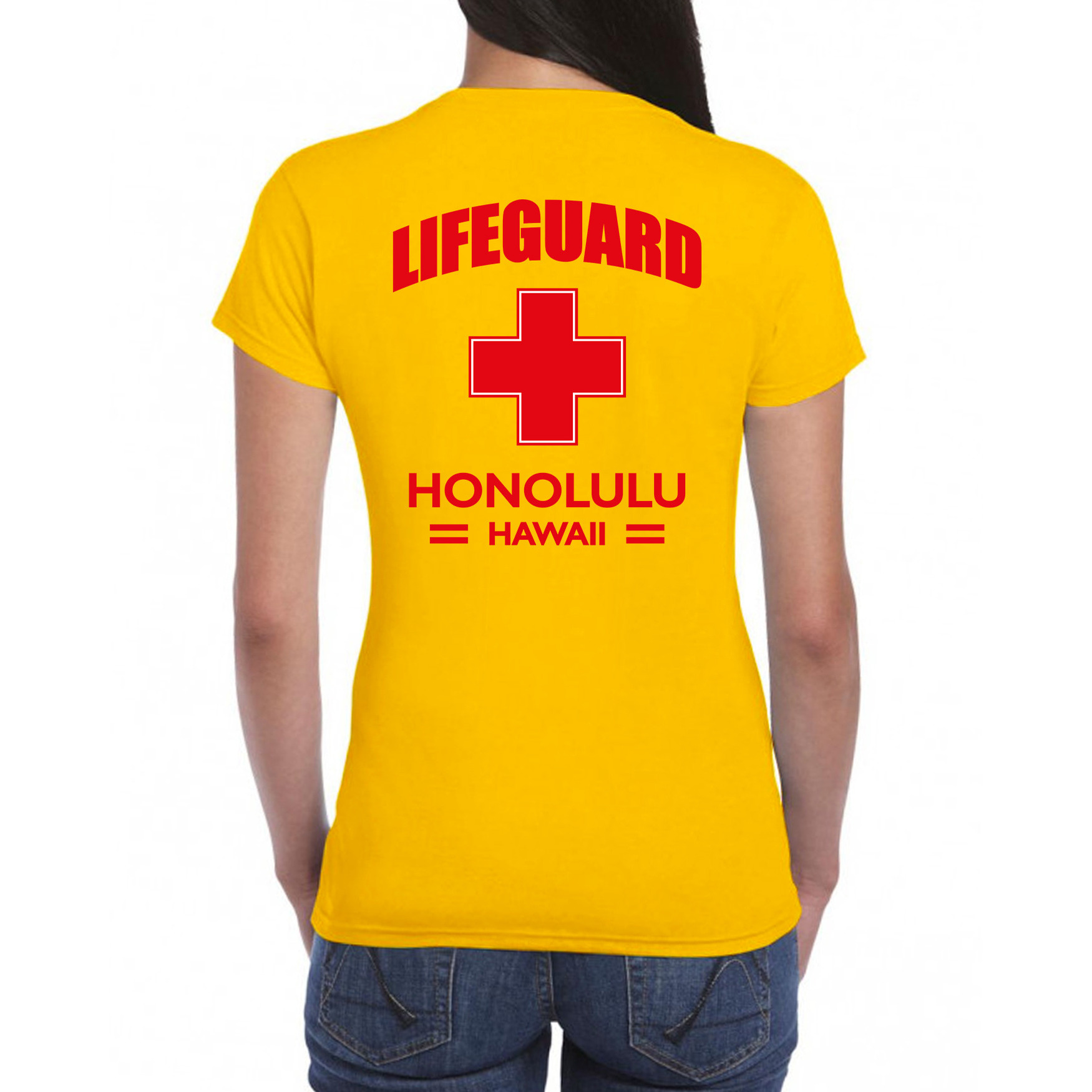 Lifeguard- strandwacht verkleed t-shirt-shirt Lifeguard Honolulu Hawaii geel voor dames