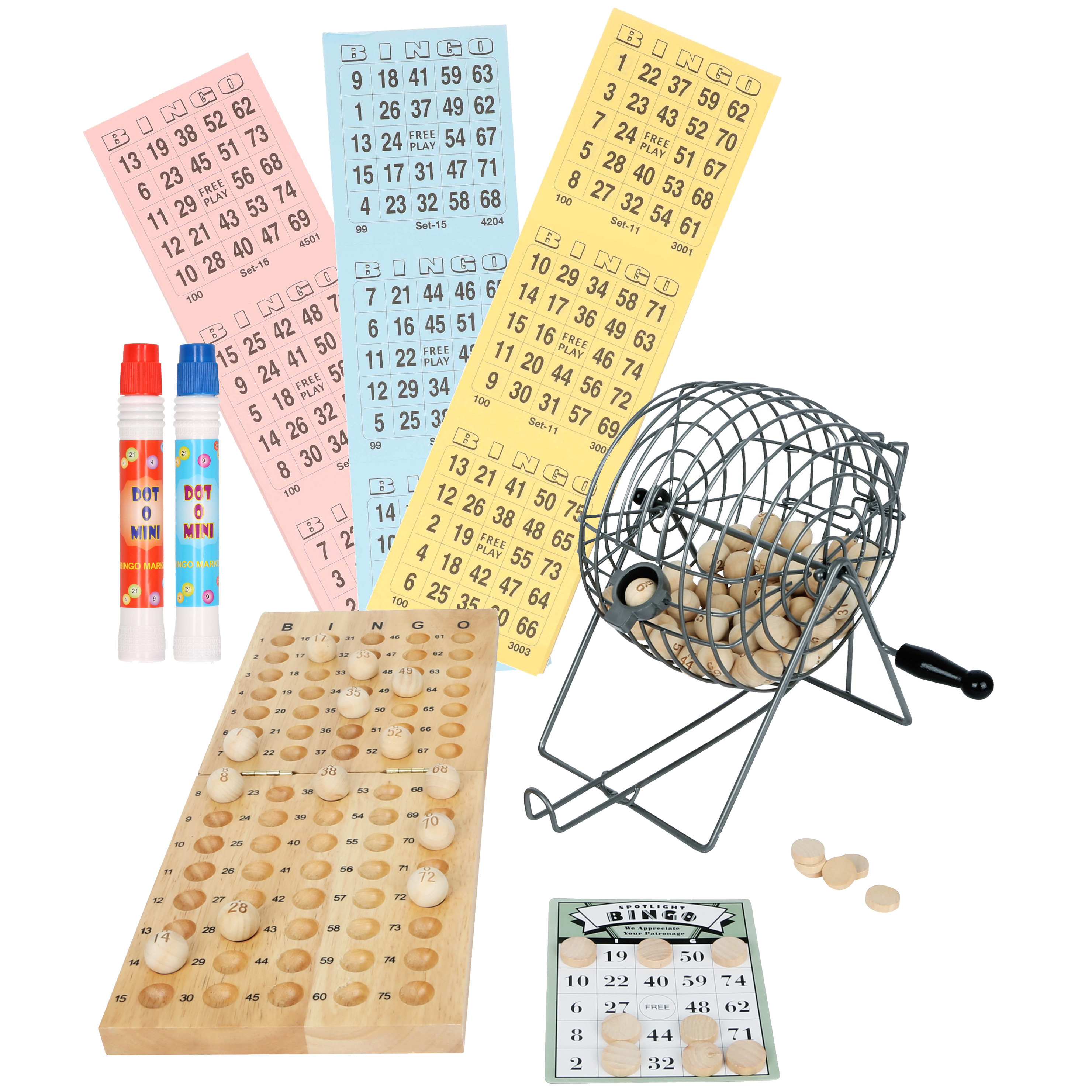 Luxe bingo spel metaal-hout complete set nummers 1-75 met molen-174x bingokaarten-2x stiften