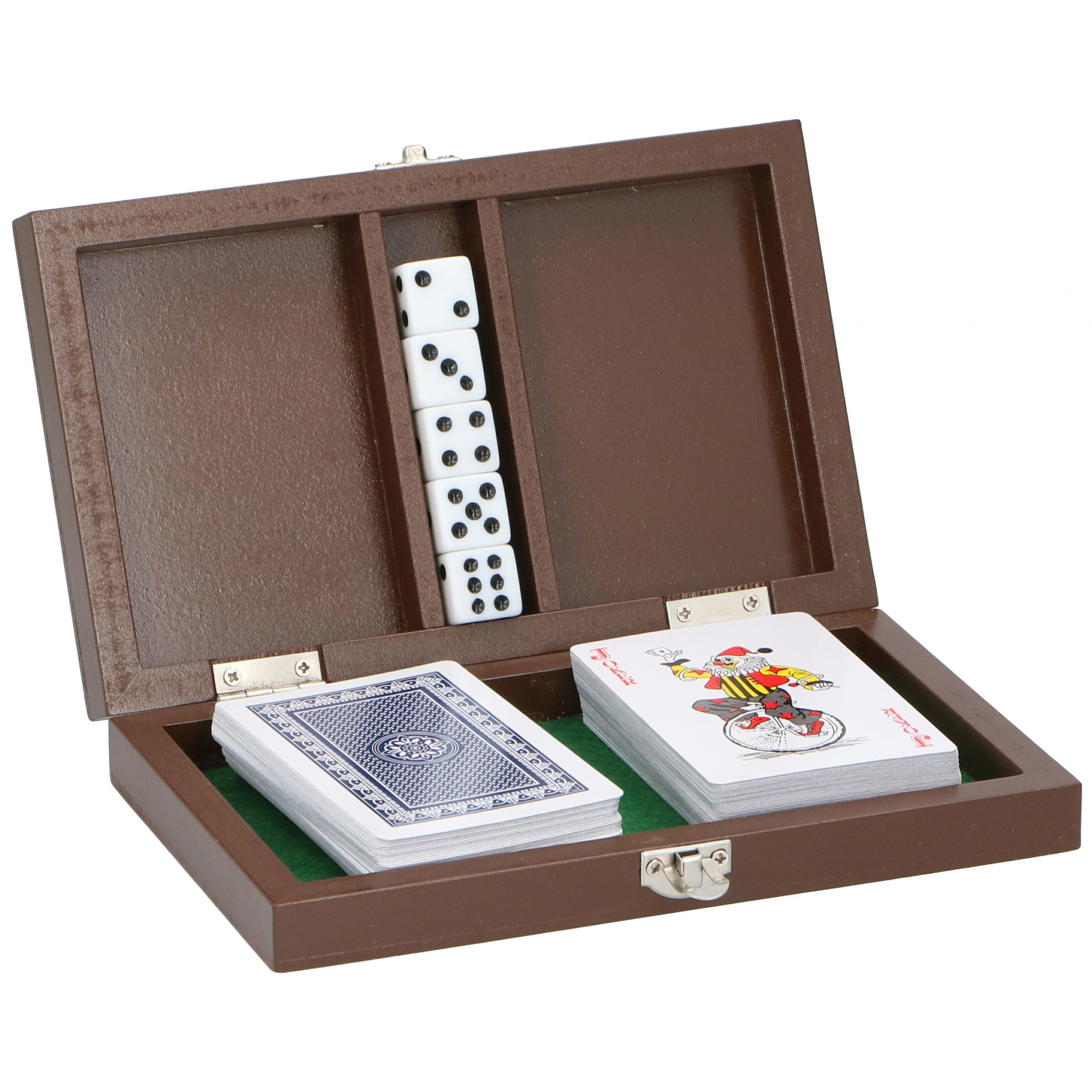 Luxe speelkaarten set met dobbelstenen in houten kistje