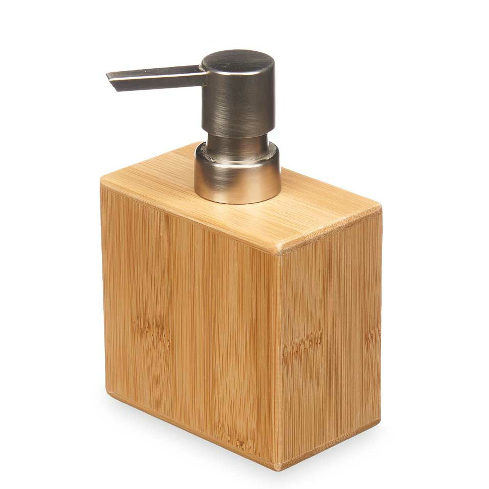 Luxe zeeppompje-dispenser Bamboo lichtbruin-zilver hout 10 x 6 x 15 cm 500 ml