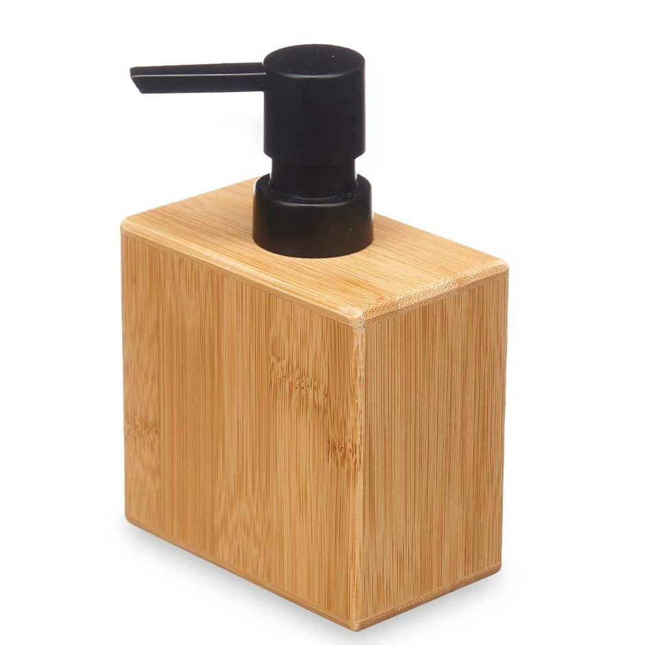 Luxe zeeppompje-dispenser Bamboo lichtbruin-zwart hout 10 x 6 x 15 cm 500 ml