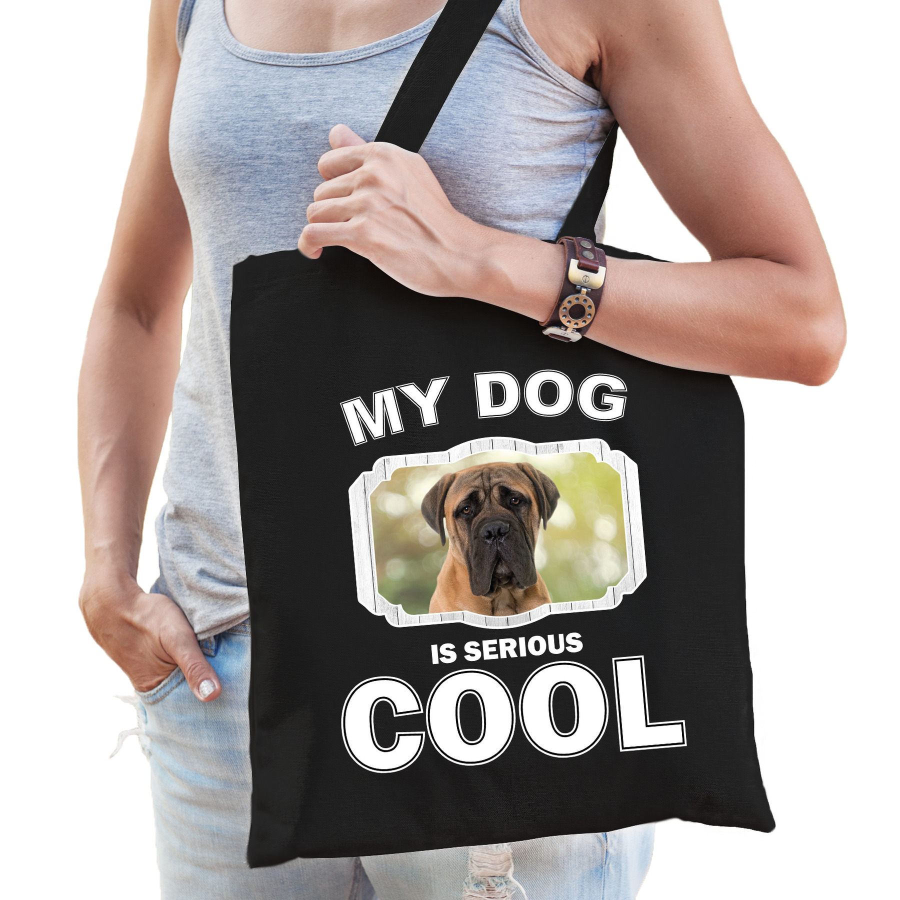 Mastiff honden tasje zwart volwassenen en kinderen my dog serious is cool kado boodschappentasje
