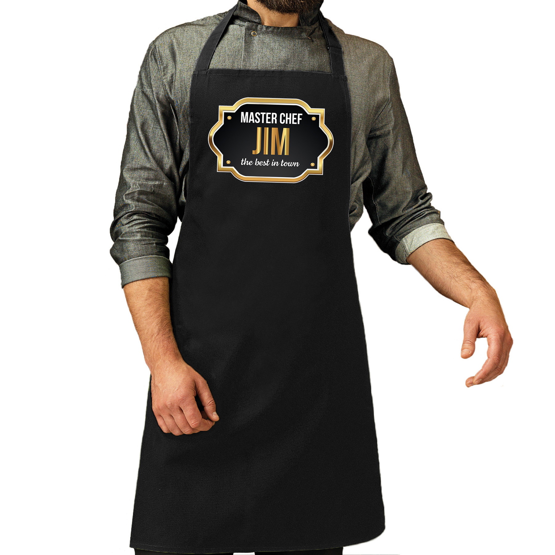 Naam cadeau master chef schort Jim zwart keukenschort cadeau