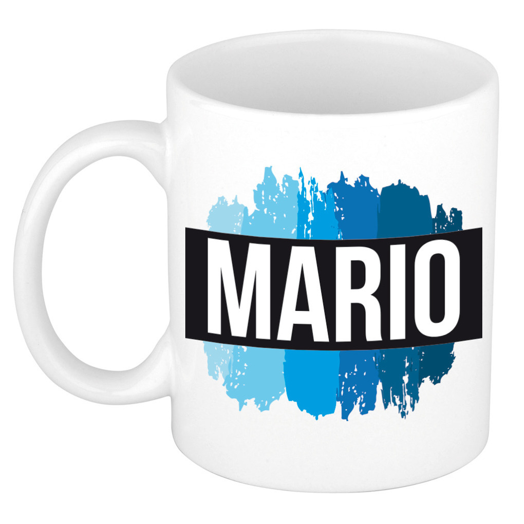 Naam cadeau mok-beker Mario met blauwe verfstrepen 300 ml