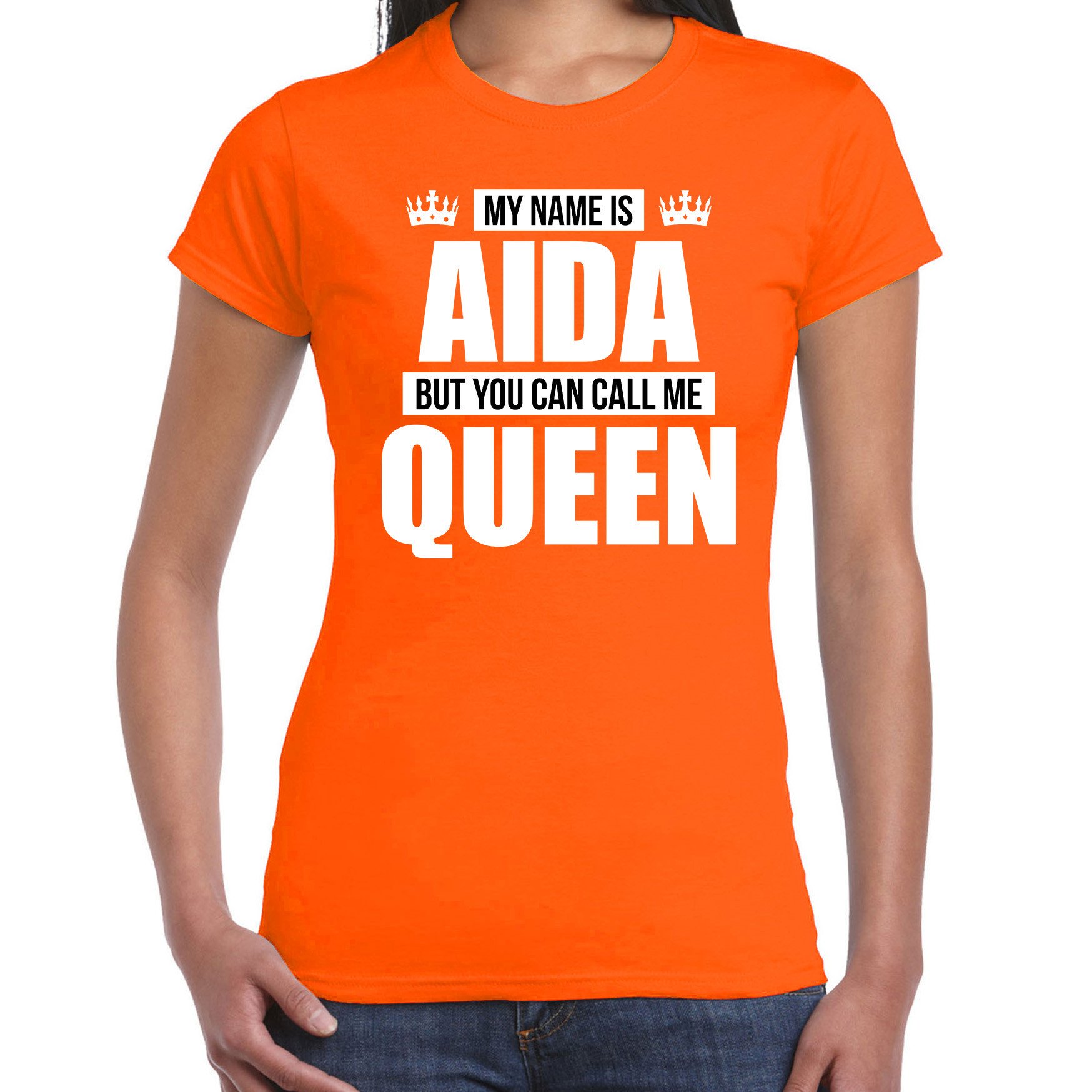 Naam cadeau t-shirt my name is Aida - but you can call me Queen oranje voor dames